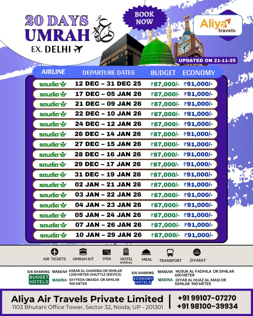 20 Days Umrah Package from Delhi with Saudia Airlines – December 2025 & January 2026 Departures | Aliya Travels