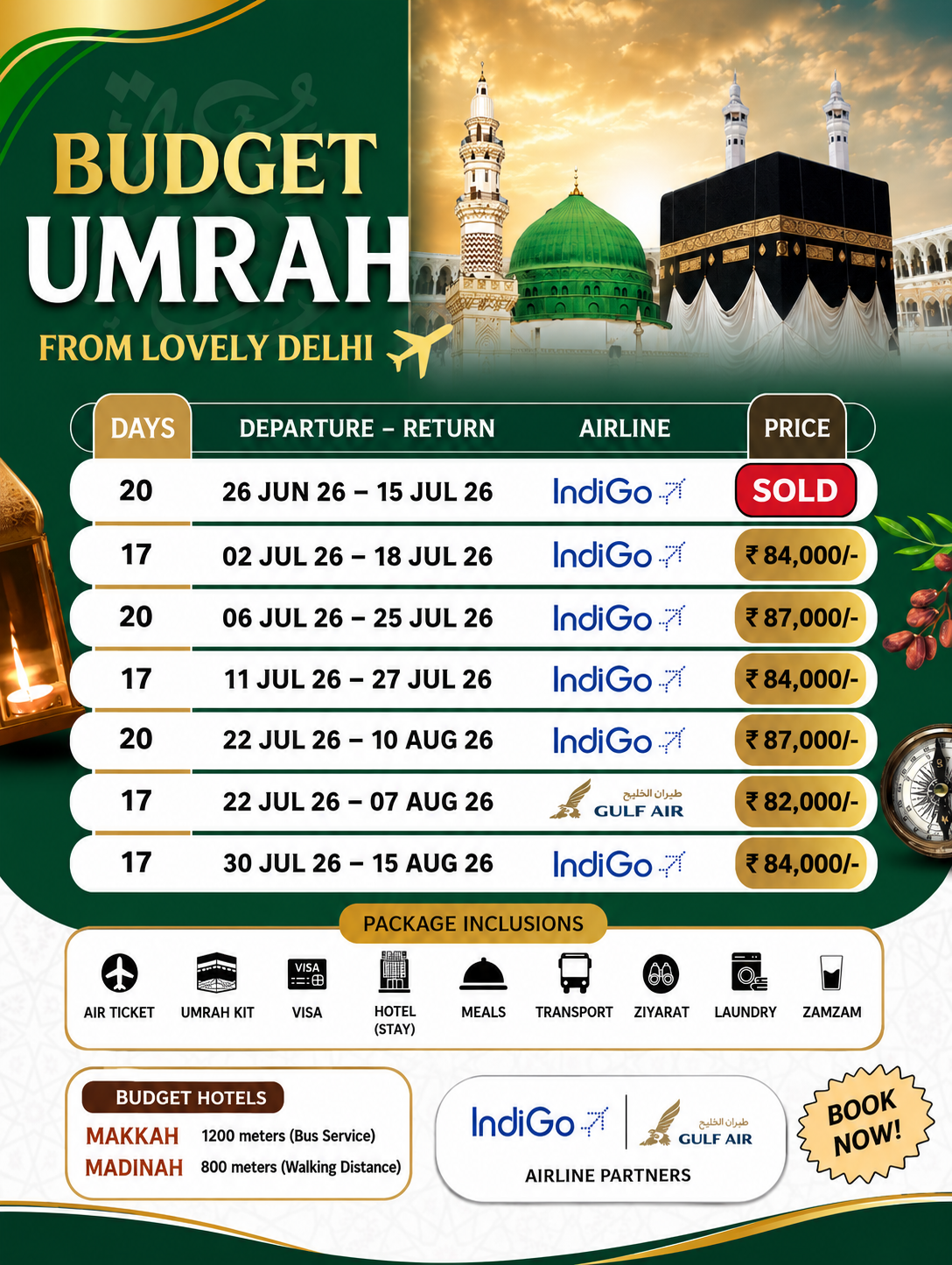 Aliya Travels Budget Umrah Package 2026 flyer showing Delhi departure dates, Air India direct flights, Makkah and Madinah hotel accommodations, and Umrah package prices starting from ₹82,000. Social Media Caption