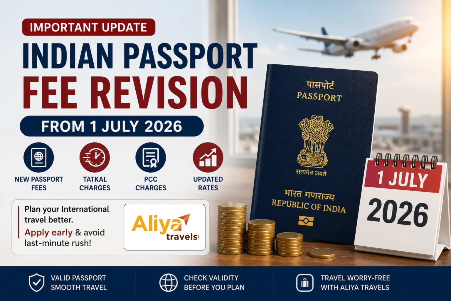 Indian Passport Fee Revision 2026 showing updated passport application fees, Tatkal charges, and PCC fees for Indian travelers planning Umrah, Hajj, and international travel.