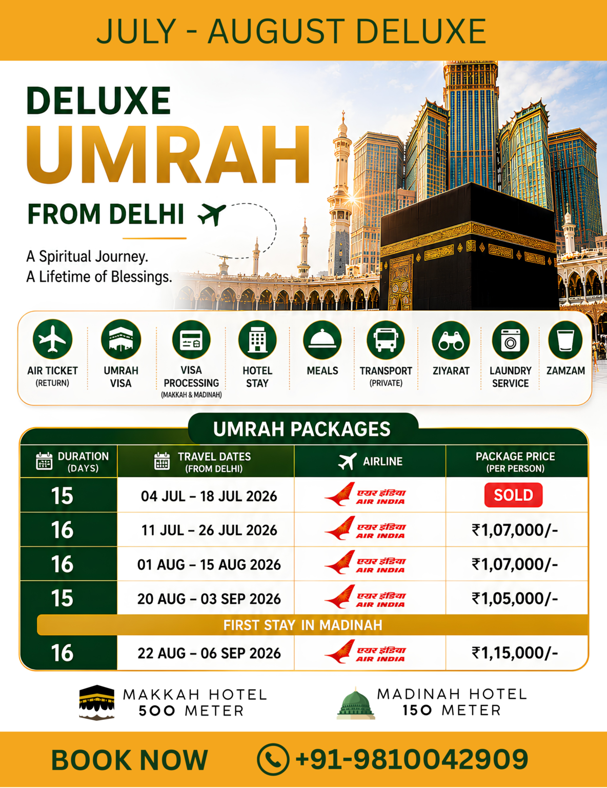 Deluxe Umrah Package from Delhi 2026 by Aliya Air Travels featuring Makkah and Madinah hotel stay, Air India flights, Umrah visa, transport, meals, Ziyarat, and Zamzam with affordable package rates.